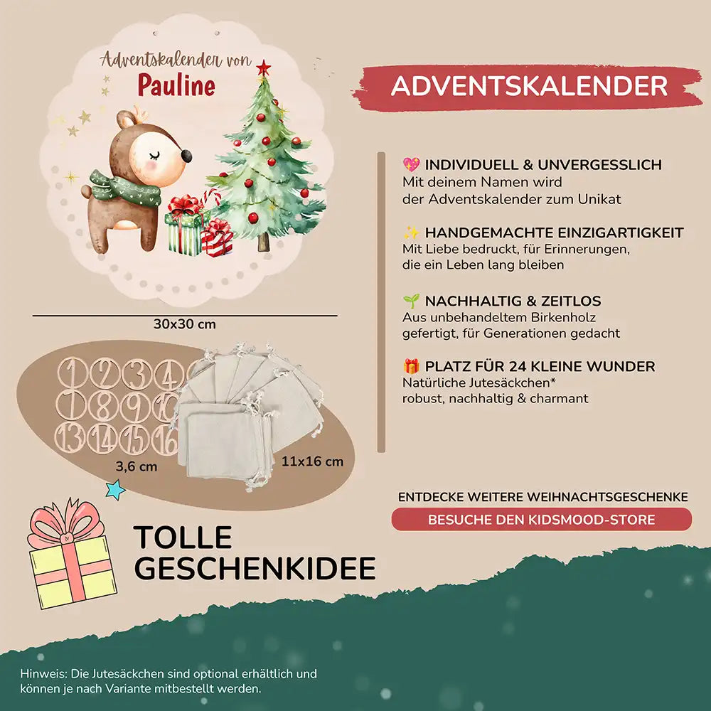 Personalisierter runder Adventskalender Kinder aus Holz - Baby Reh