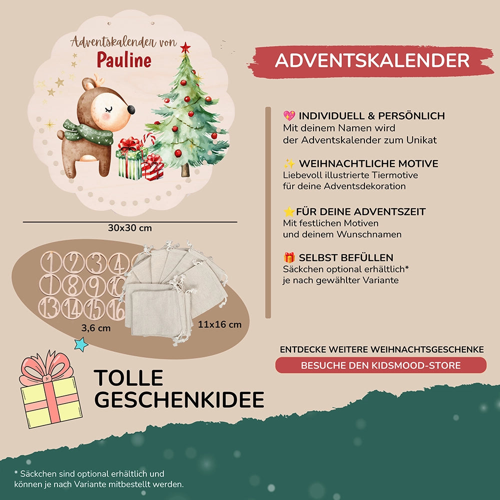 Personalisierter runder Adventskalender Kinder aus Holz - Baby Reh