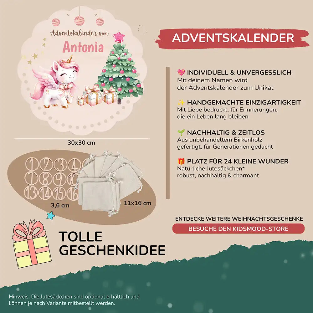 Personalisierter runder Adventskalender Kinder aus Holz - Baby Einhorn