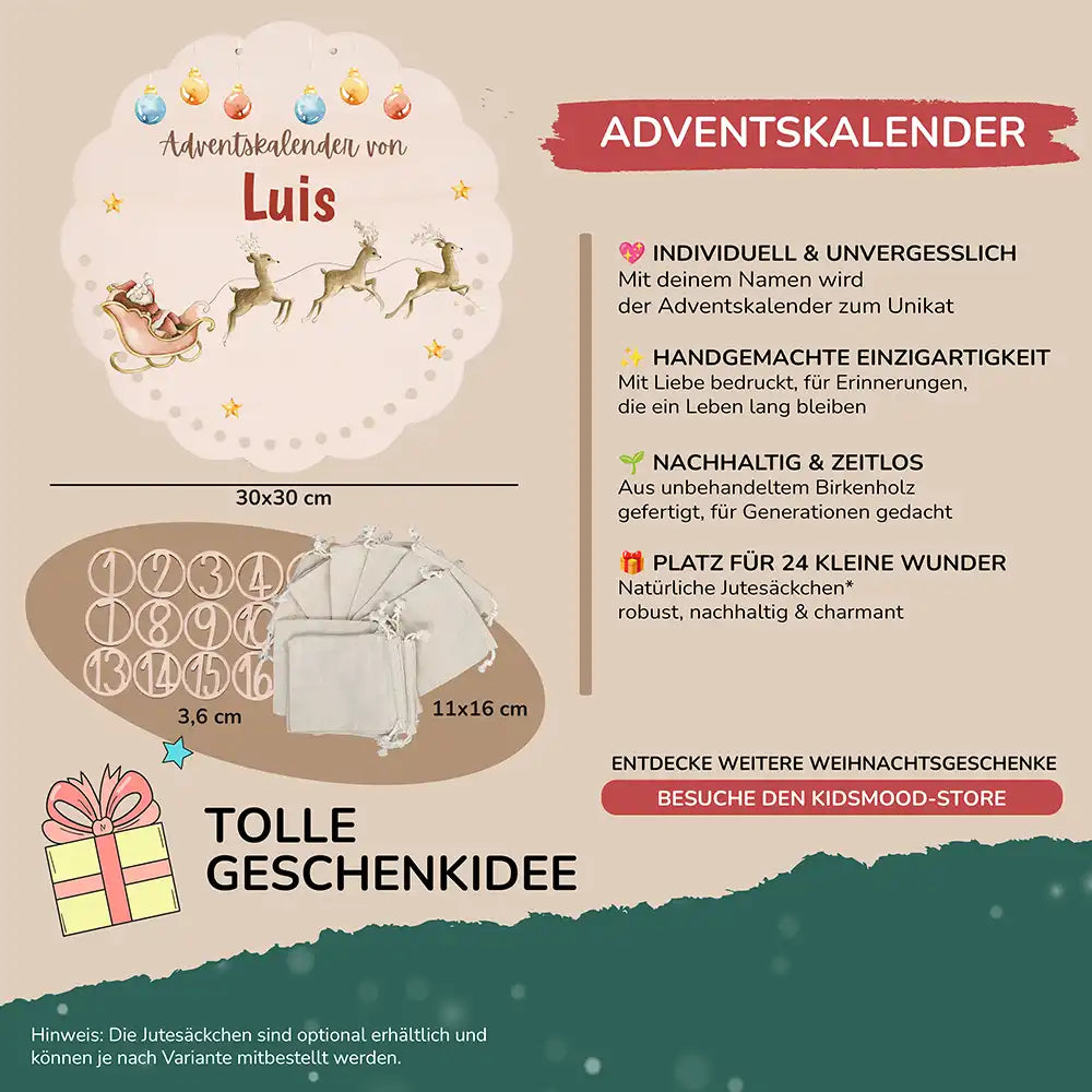 Personalisierter runder Adventskalender Kinder aus Holz - Rentiere
