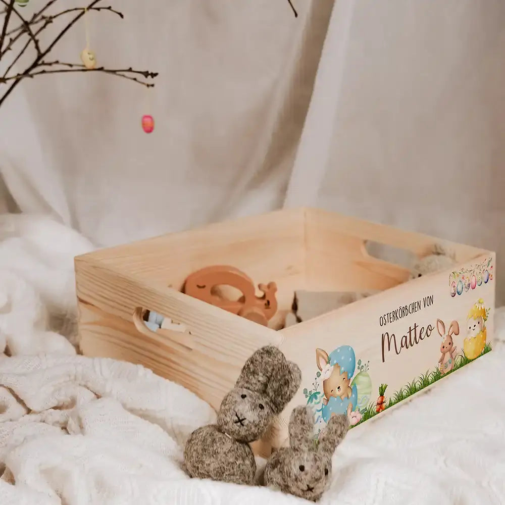 Osterkiste Holz personalisiert -Süße Küken schlüpfen