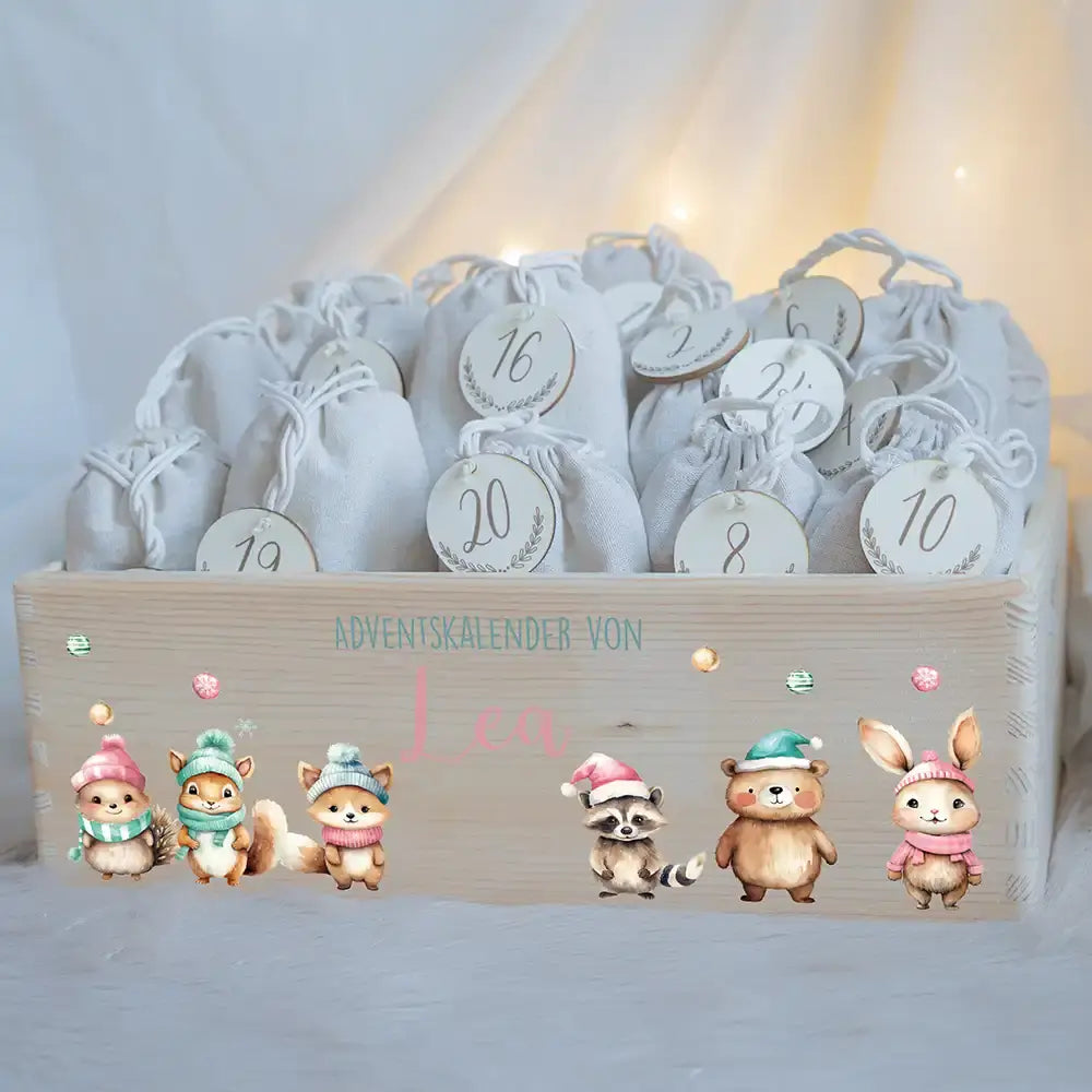 Personalisierte Adventskiste zum Befüllen - niedliche Tiere Weihnachten