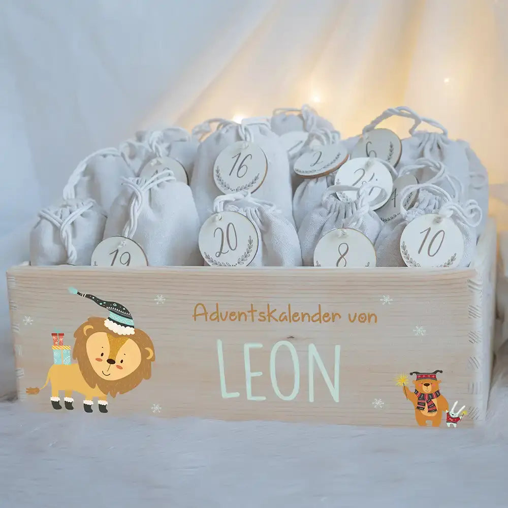 Personalisierte Adventskiste zum Befüllen - Löwe und Bär