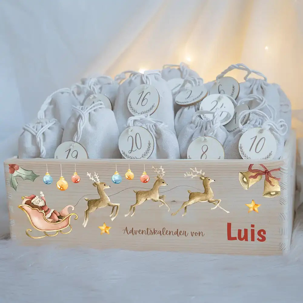 Personalisierte Adventskiste zum Befüllen - Rentier mit Schlitten