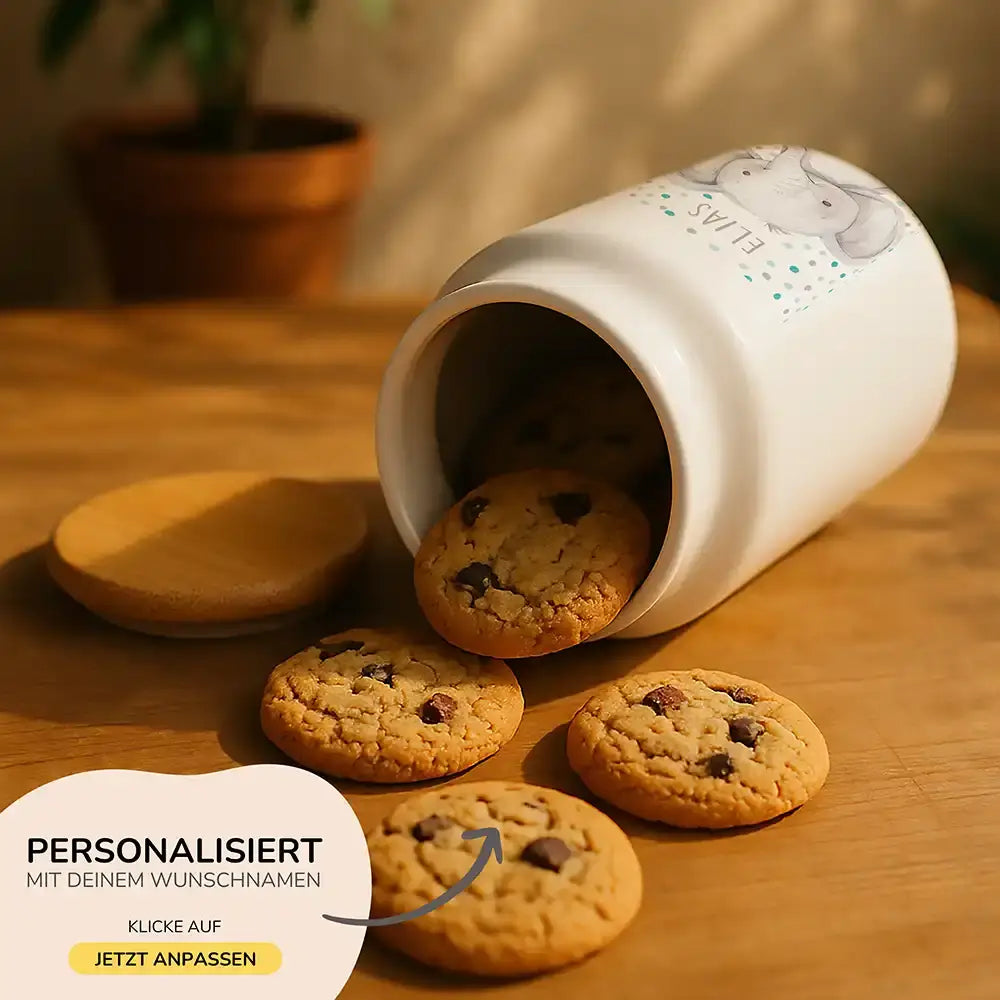Personalisierbare Keksdose mit Name - Elefant mit Punkten