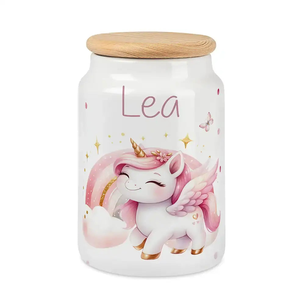 Personalisierbare Keksdose mit Name - Einhorn Regenbogen