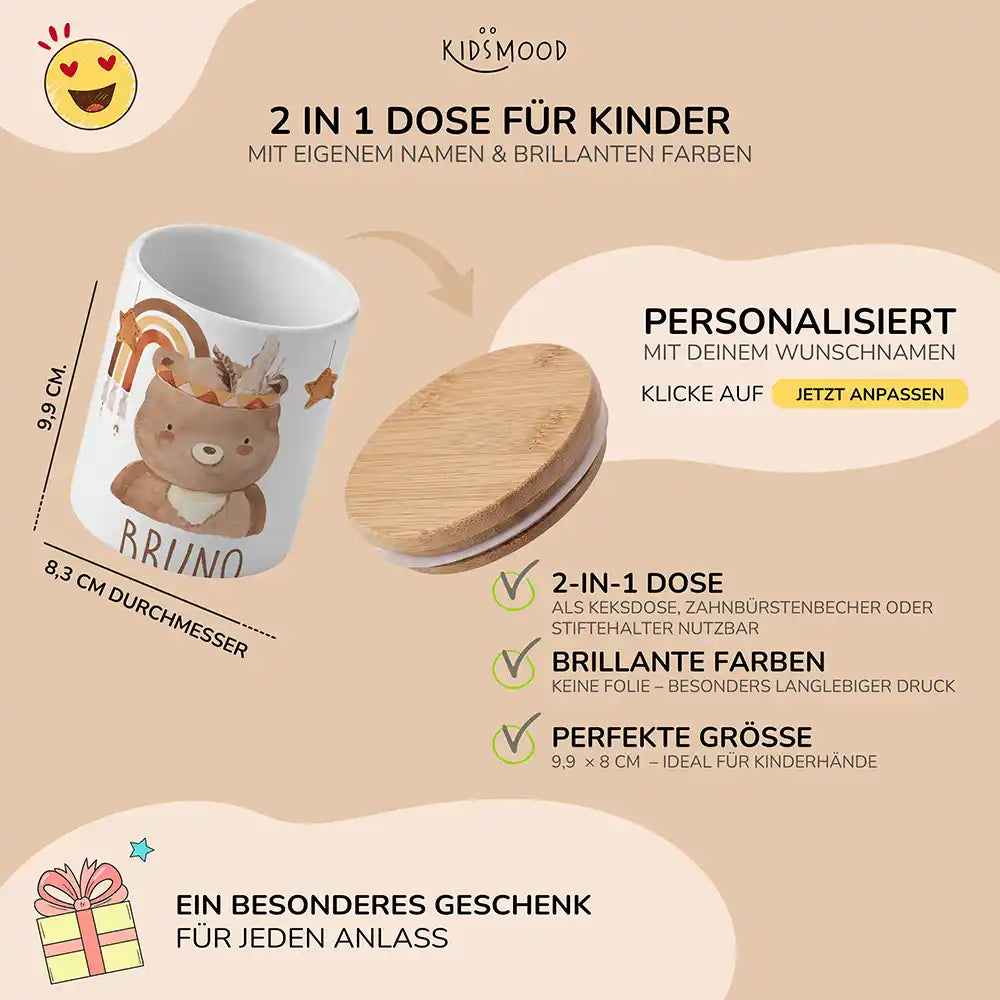 Personalisierte Keksdose Boho-BĂ€r - mit eigenem Namen fuer kleine Schleckermaeuler