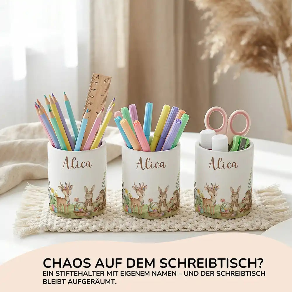 Personalisierter Stiftehalter Ostern Waldtiere-Treff aus Keramik - Wunschname - Kidsmood.de