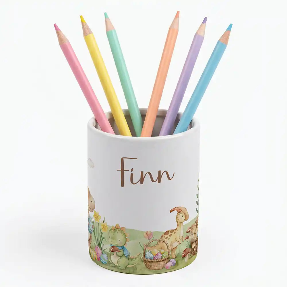 Personalisierter Stiftehalter Dinos Ostern - Keramik-Dose (auch als Spardose nutzbar)