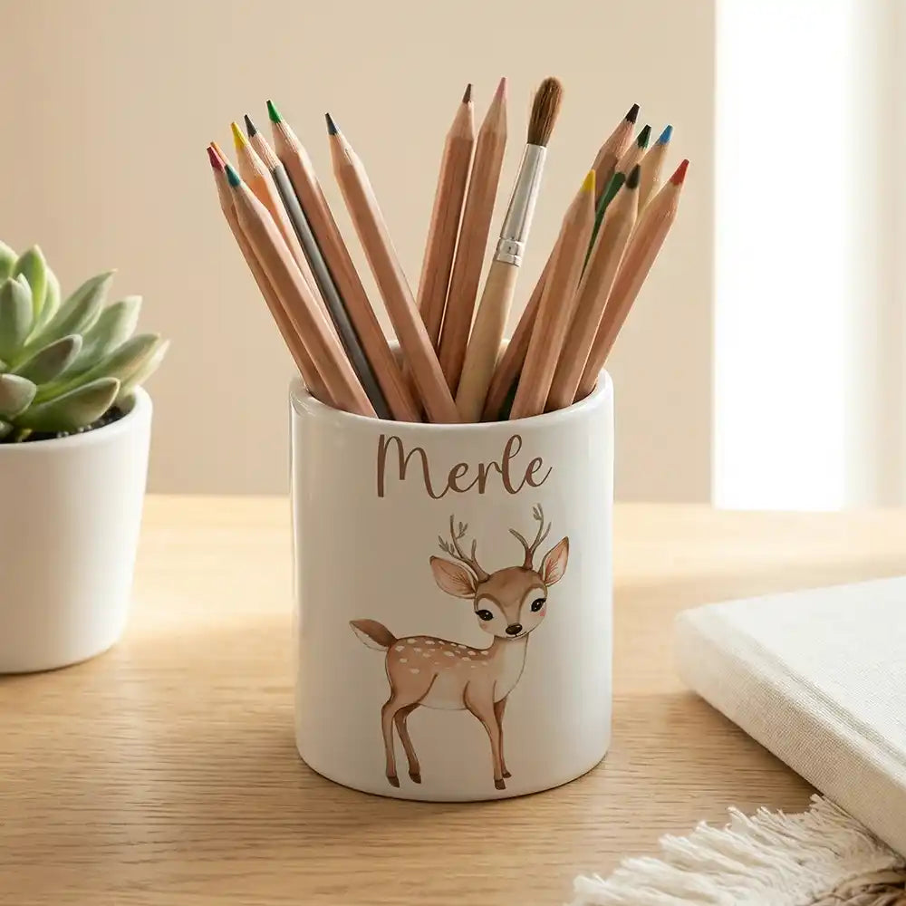 Personalisierter Stiftehalter Rehkitz Bambi - Keramik weiß-matt - Detailansicht