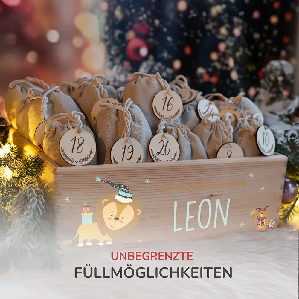 Personalisierte Adventskiste zum Befüllen - Löwe und Bär