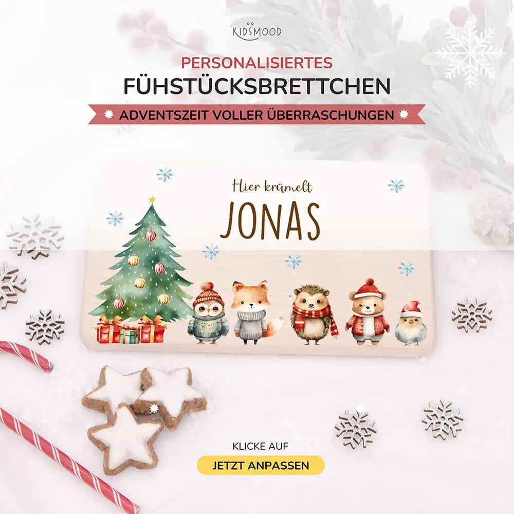 Weihnachts-Set Frühstücksbrettchen und  Emaille Tasse - Fuchs & Häschen-Freunde