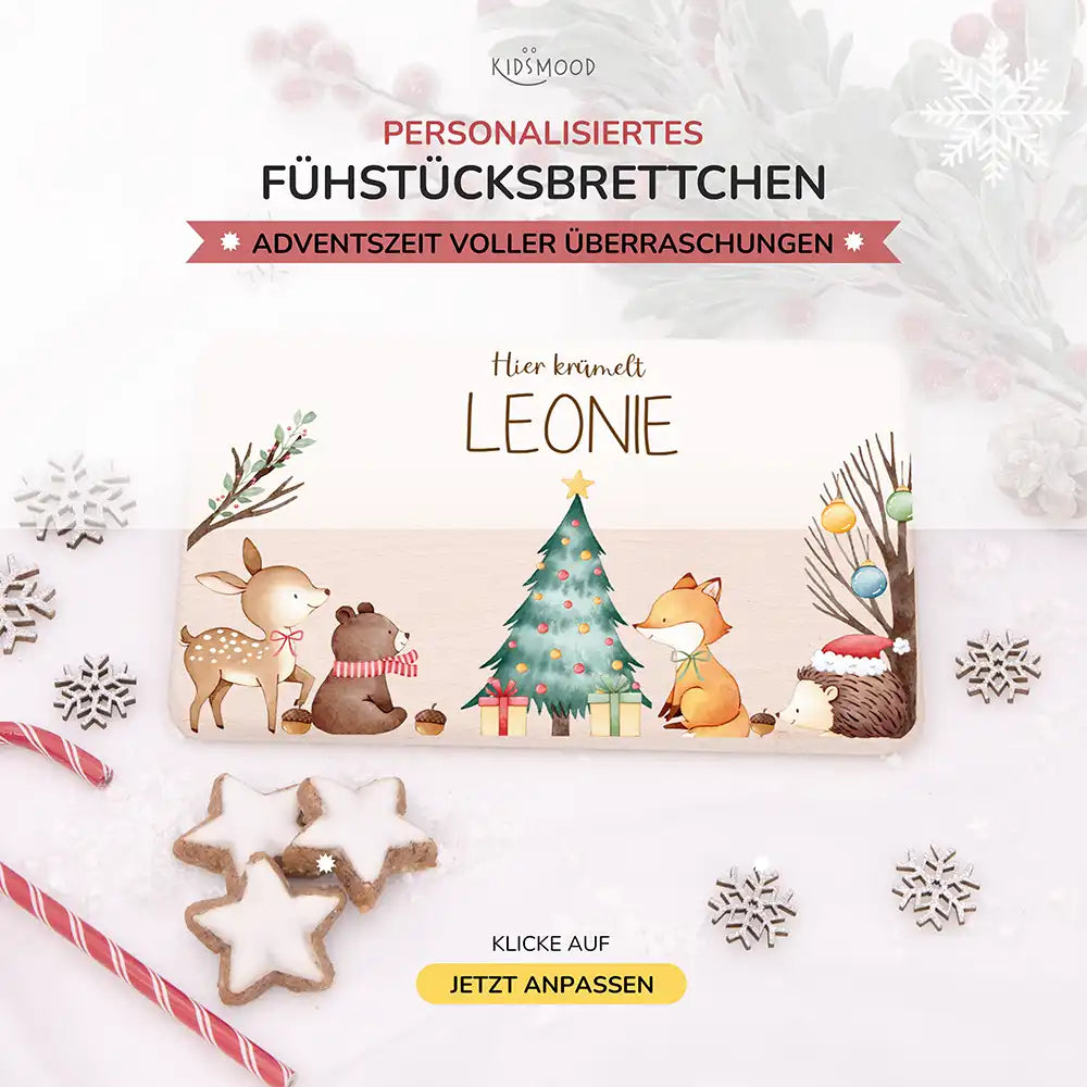 Weihnachts-Set Frühstücksbrettchen + Emaille Tasse - Fuchs am Weihnachtsbaum