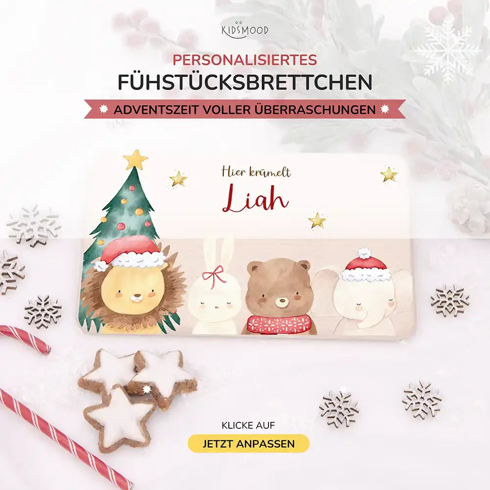Weihnachts-Set Frühstücksbrettchen + Emaille Tasse - Löwe