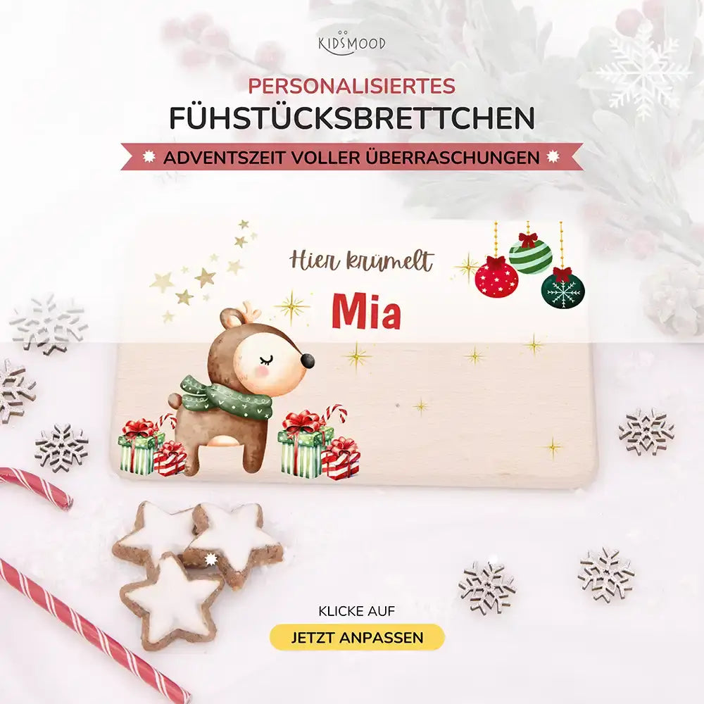 Weihnachts-Set Frühstücksbrettchen + Emaille Tasse - Baby Reh Motiv