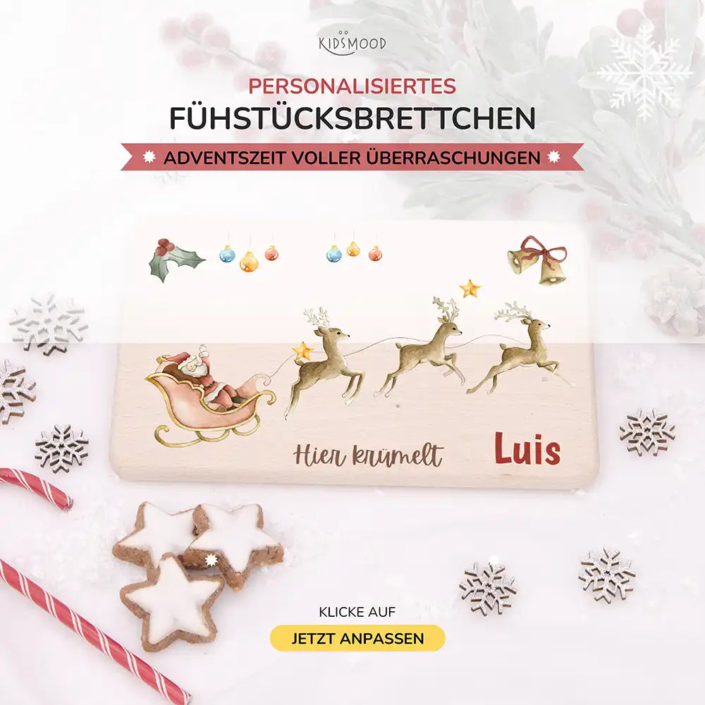Weihnachts-Set Frühstücksbrettchen + Emaille Tasse - Rentier Schlitten