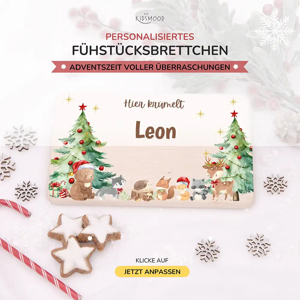 Weihnachts-Set Frühstücksbrettchen und  Emaille Tasse - Niedliche Waldtiere