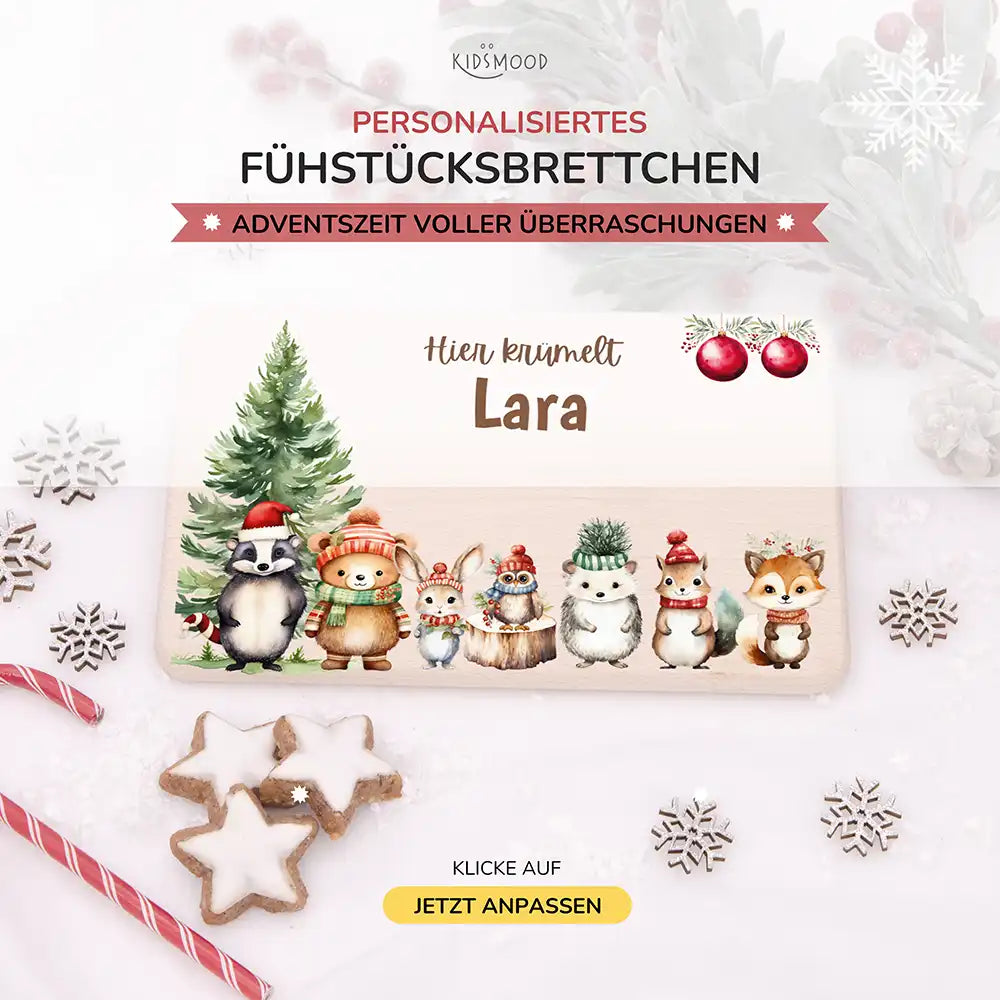 Weihnachts-Set Frühstücksbrettchen und  Emaille Tasse - Niedliche Waldfreunde