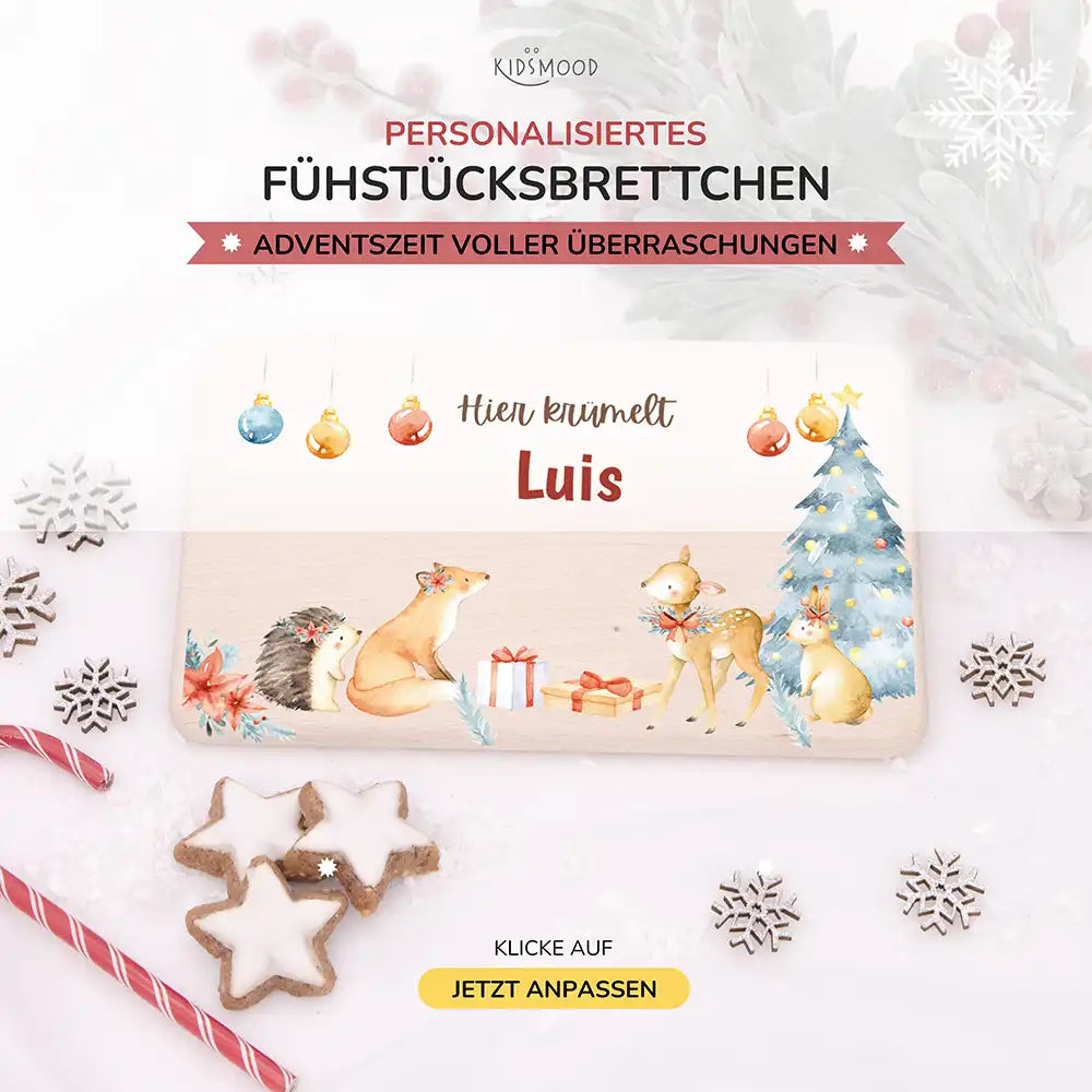 Weihnachts-Set Frühstücksbrettchen und  Emaille Tasse - Fuchs im Wald