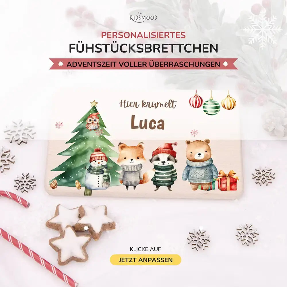 Weihnachts-Set Frühstücksbrettchen und Emaille Tasse - Kuscheltier-Abenteuer