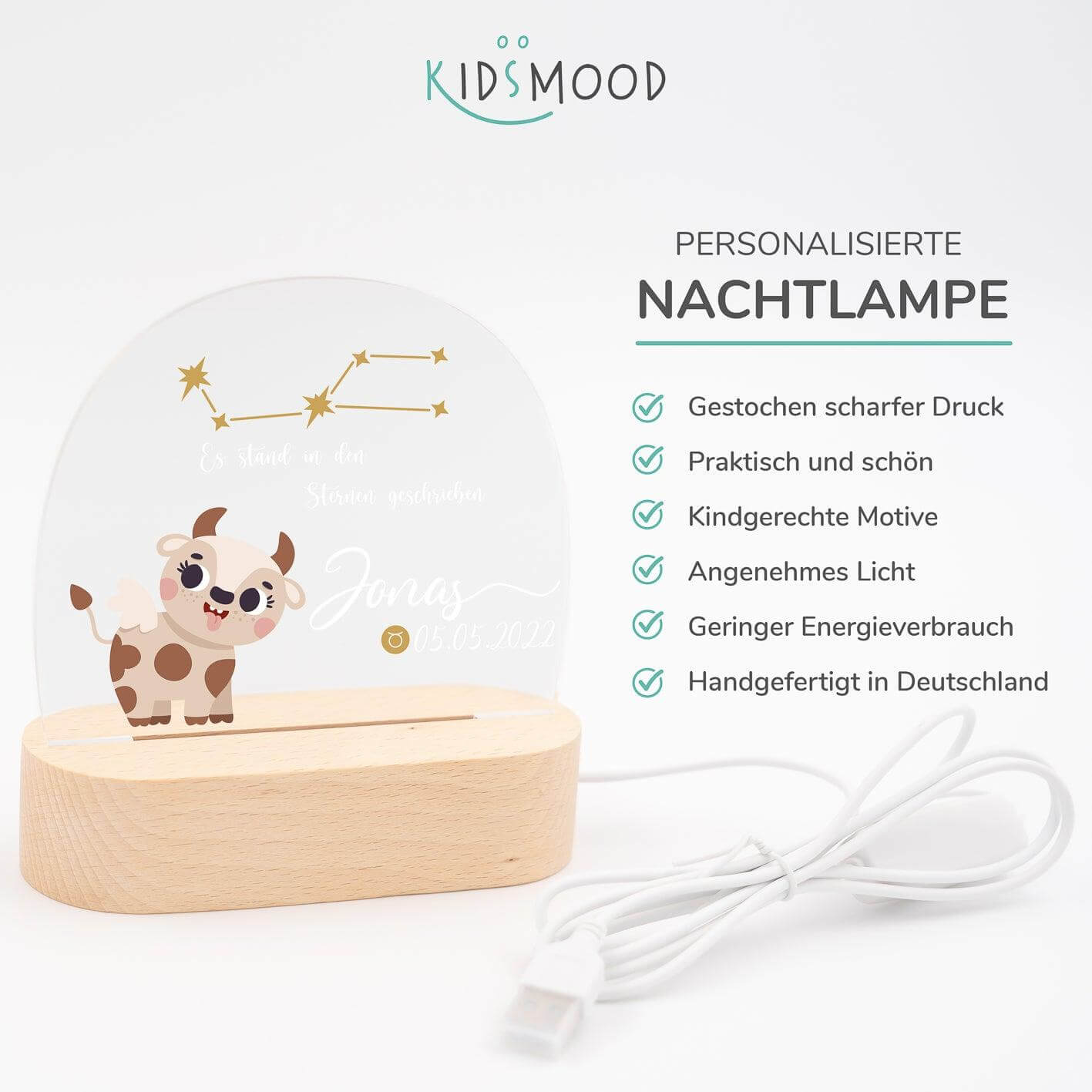 Personalisierte Sternzeichen Lampe für Kinder - Stier - Sternbild, Stier