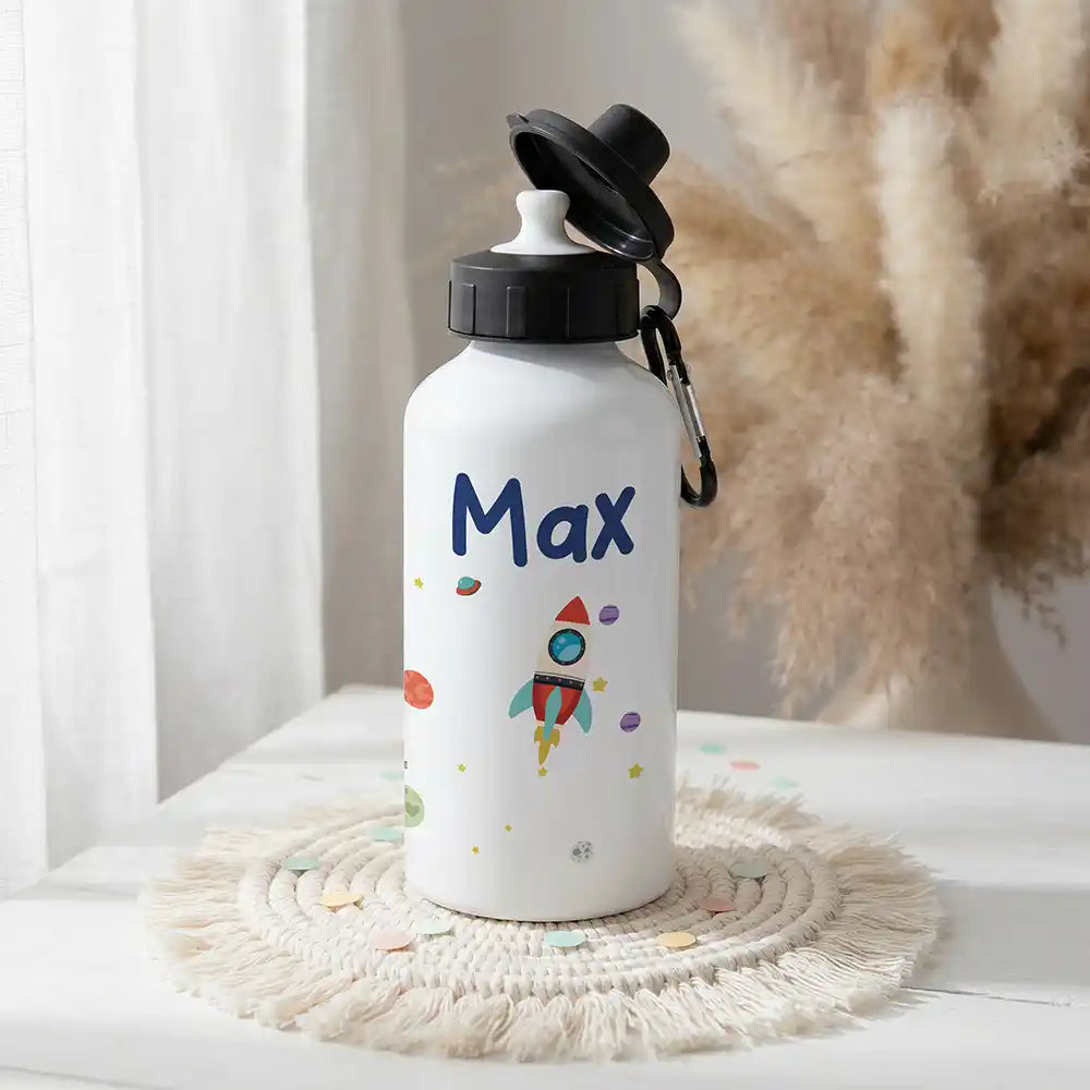 Personalisierte Trinkflasche Kinder Rakete Weltall – zwei Verschlüsse personalisiert mit Namen