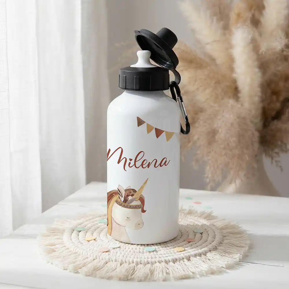 Personalisierte Trinkflasche Kinder Einhorn Indianer – zwei Verschlüsse personalisiert mit Namen