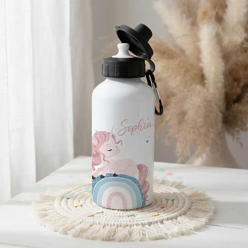 Personalisierte Trinkflasche Kinder Einhorn Rosa Regenbogen – zwei Verschlüsse personalisiert mit Namen