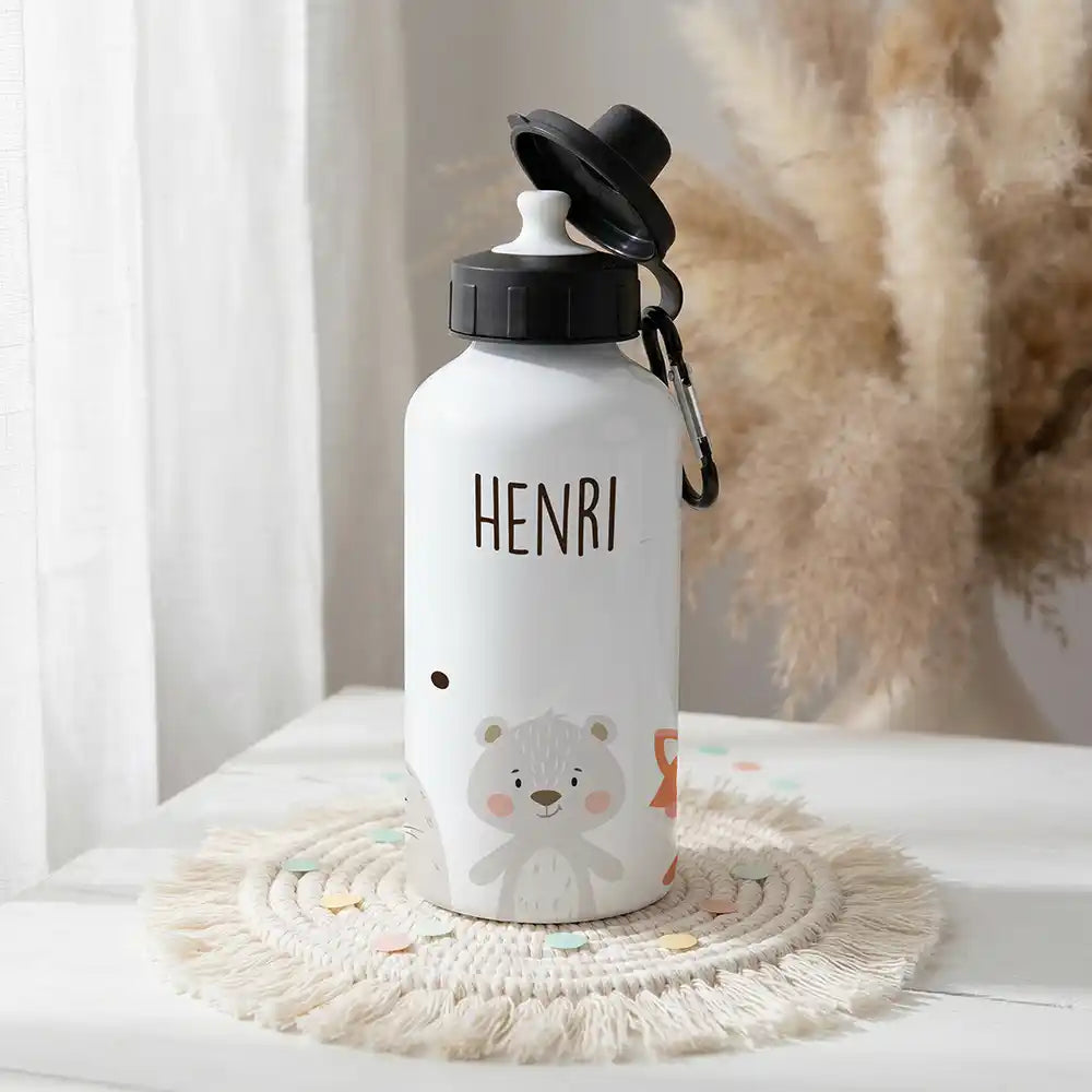 Personalisierte Trinkflasche Kinder Bär & Fuchs – Alu 500 ml Hauptbild mit Wunschname