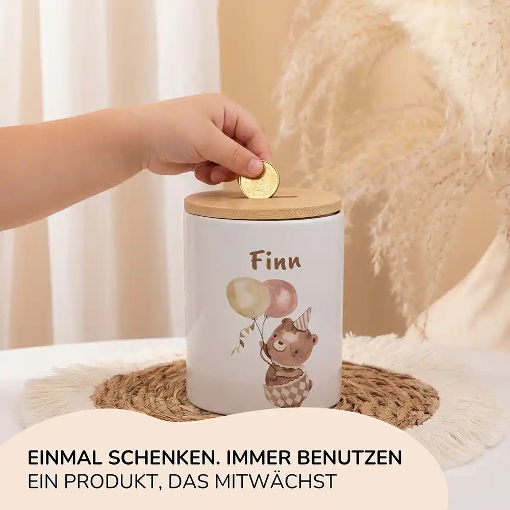 Personalisierte Spardose BĂ€r Geburtstag â Keramik & Bambus mit Wunschname