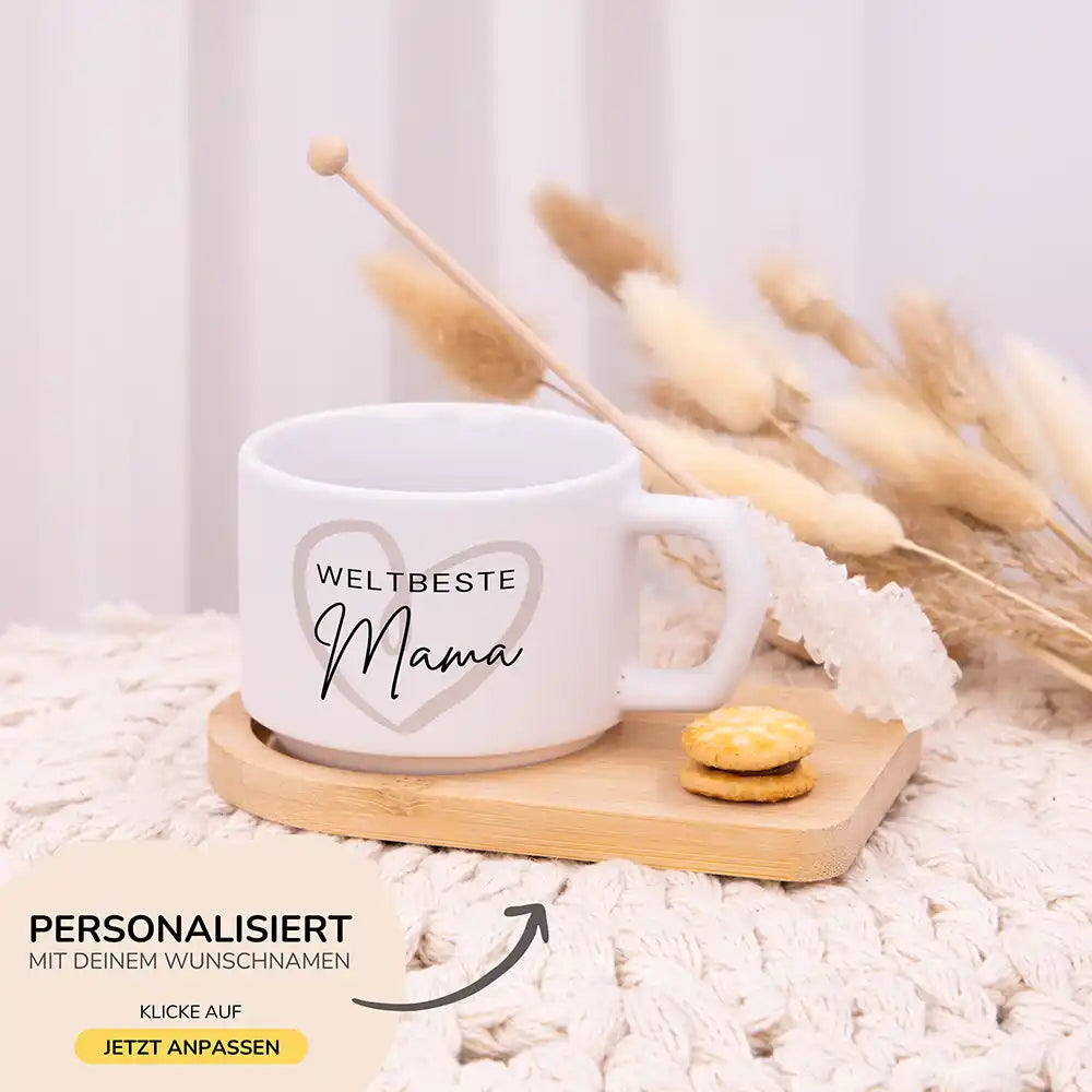 Muttertagsgeschenk Tasse Weltbeste Mama Herz – Wunschnamen-Gravur auf Bambus