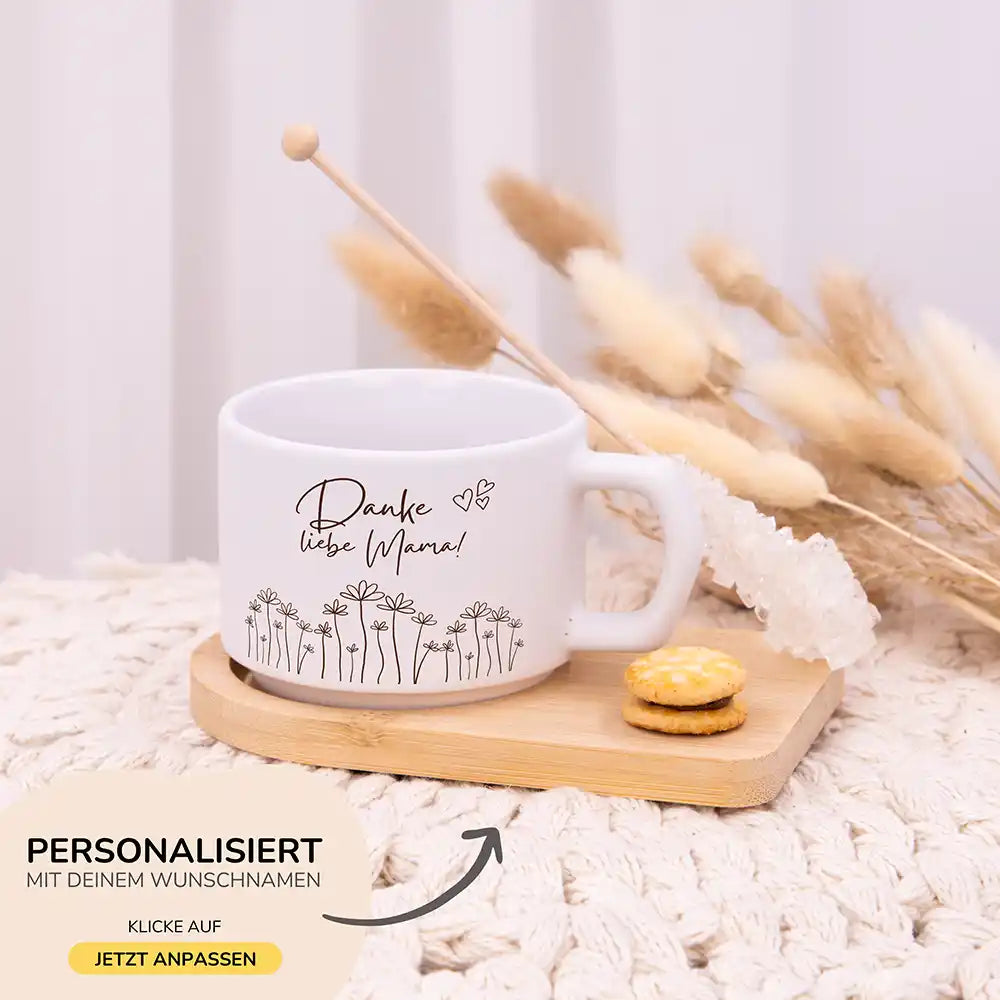 Muttertagsgeschenk Tasse Danke liebe Mama Blumenwiese – Wunschnamen-Gravur auf Bambus