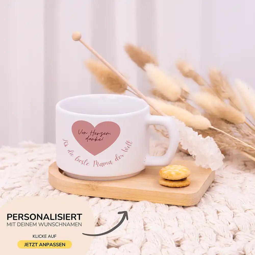 Muttertagsgeschenk Tasse Von Herzen danke â Rosa Herz â Wunschnamen-Gravur auf Bambus