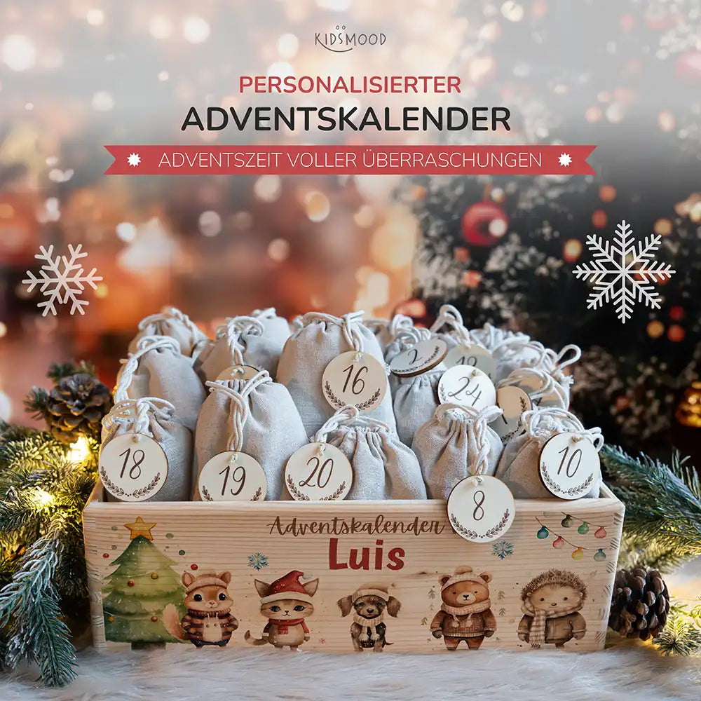 Personalisierte Adventskiste zum Befüllen - Tierfamilie im Winterwald