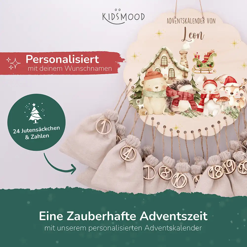 Personalisierter runder Adventskalender Kinder aus Holz - Waldtiere im Winterzauber