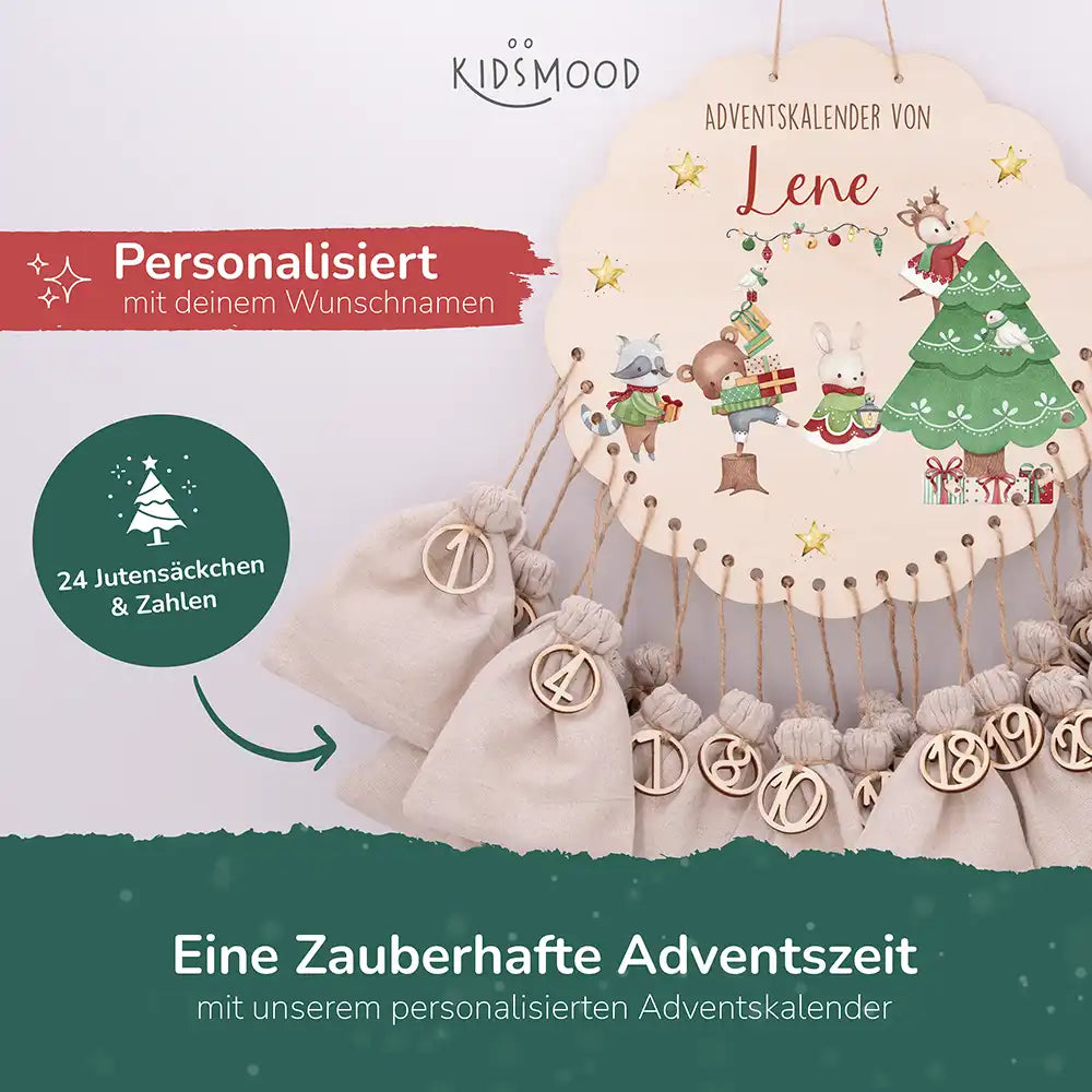 Personalisierter runder Adventskalender Kinder aus Holz - Festliche Waldszene