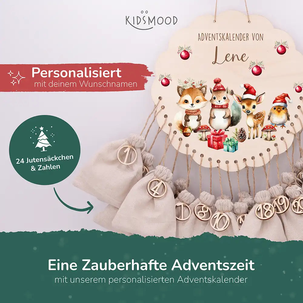 Personalisierter runder Adventskalender Kinder aus Holz - Tierische Weihnachtsfeier