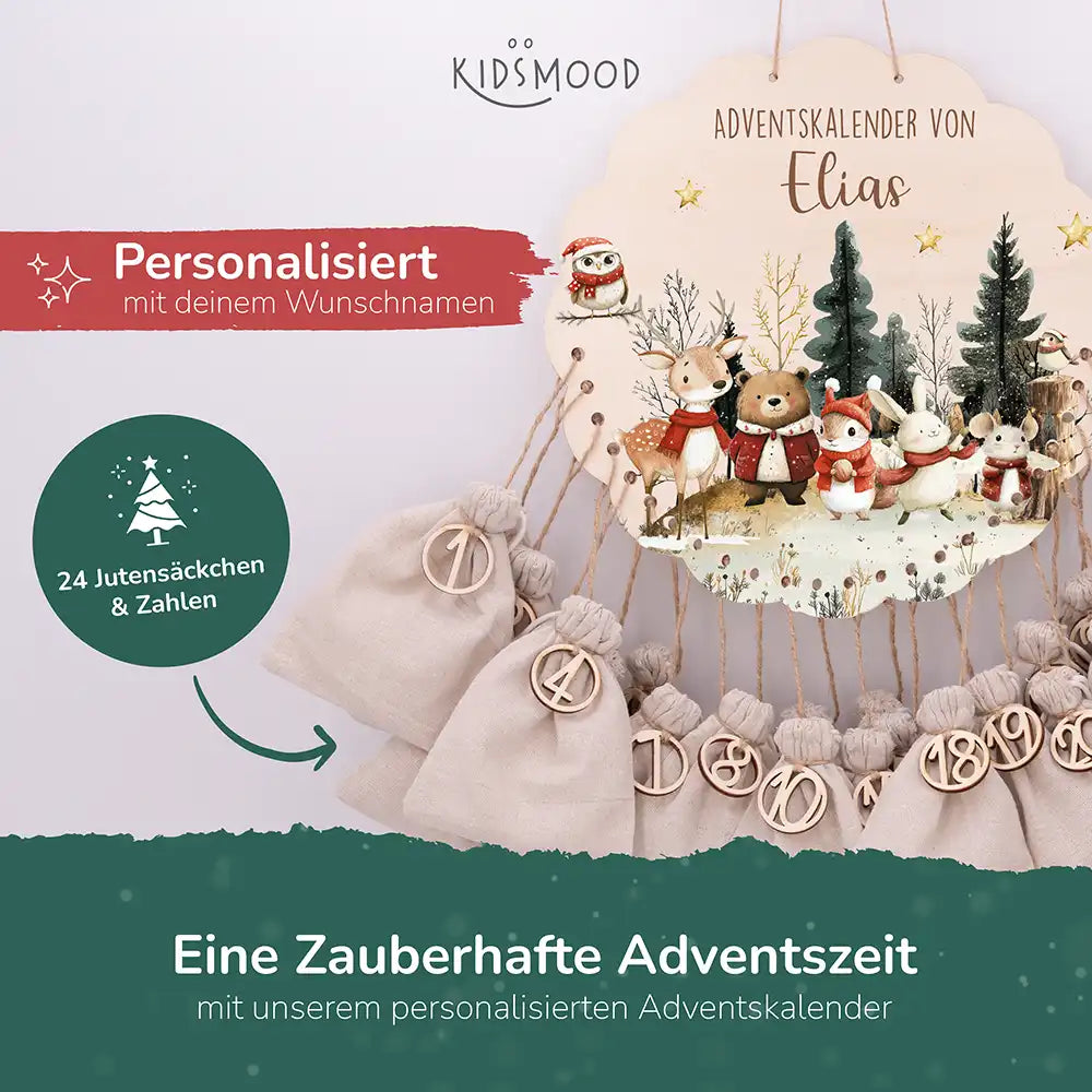 Personalisierter runder Adventskalender Kinder aus Holz - Weihnachtsdorf