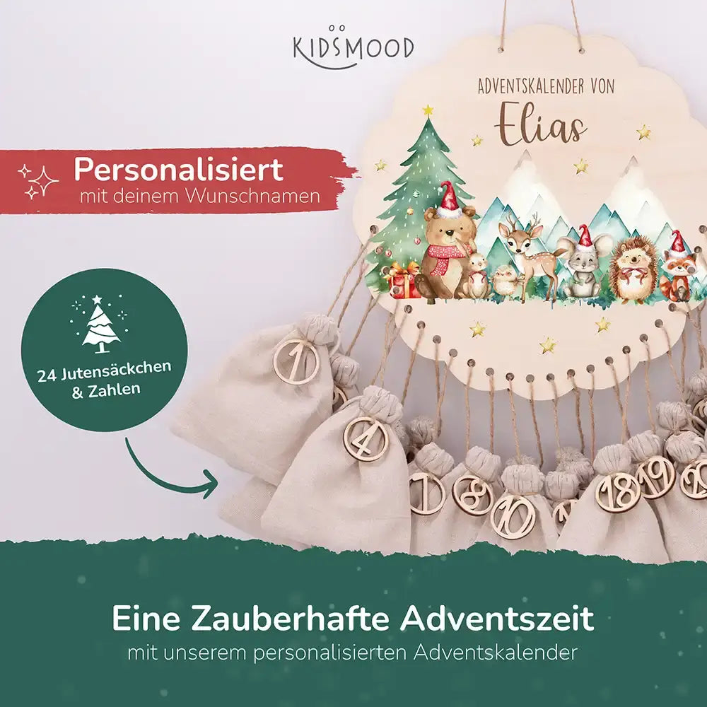 Personalisierter runder Adventskalender Kinder aus Holz - Winterwald & seine Bewohner