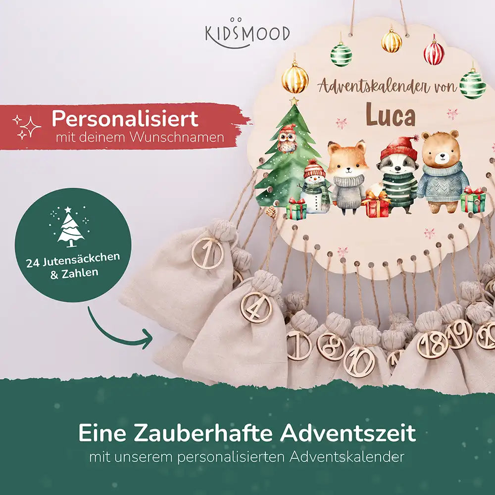 Personalisierter runder Adventskalender Kinder aus Holz - Waldtiere mit Weihnachtsmützen