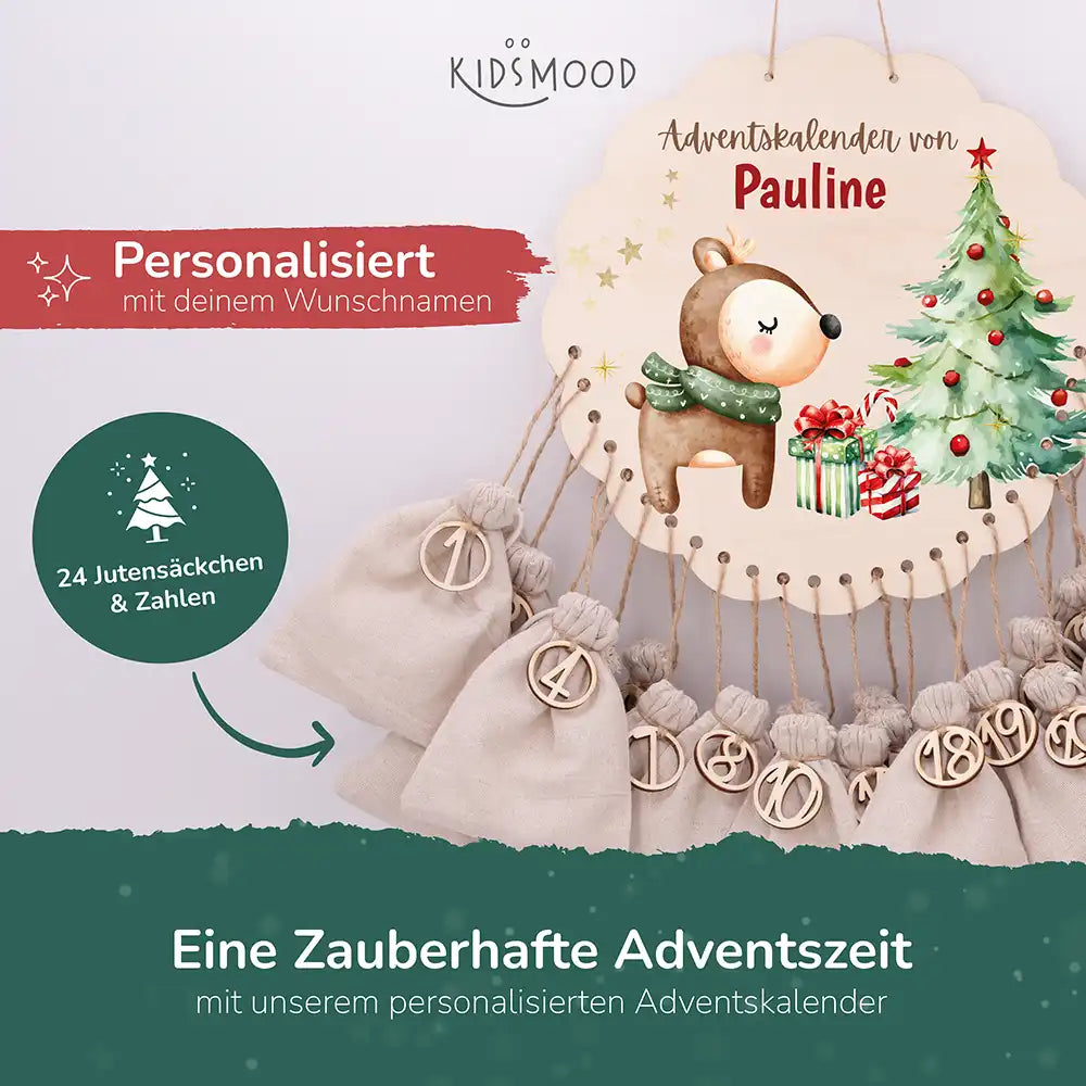 Personalisierter runder Adventskalender Kinder aus Holz - Baby Reh