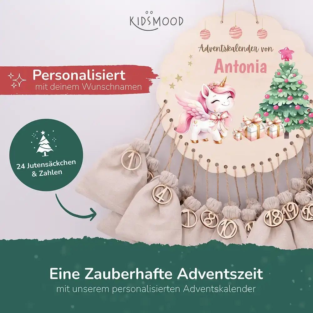 Personalisierter runder Adventskalender Kinder aus Holz - Baby Einhorn