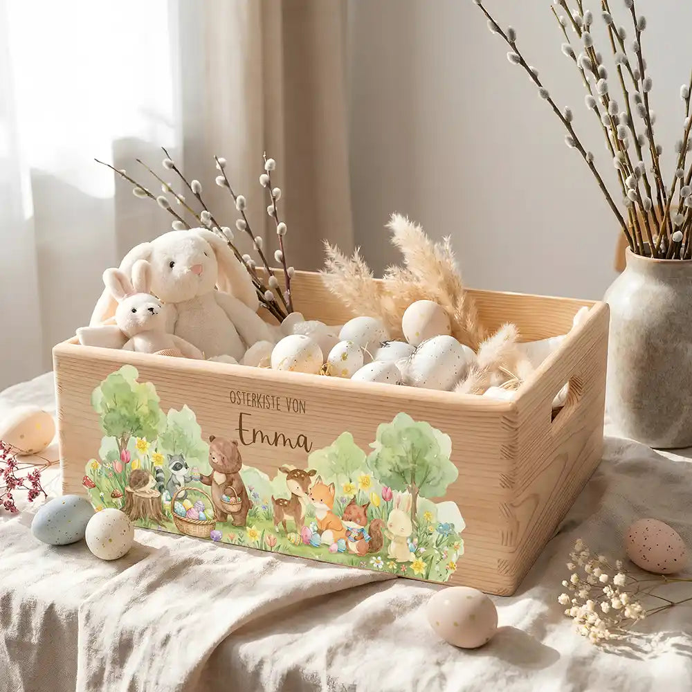 Osterkiste Holz personalisiert - Tierfamilie im Wald