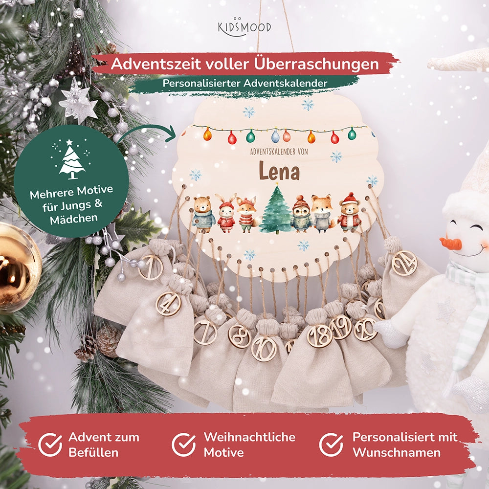 Personalisierter runder Adventskalender Kinder aus Holz - Niedliche Waldfreunde