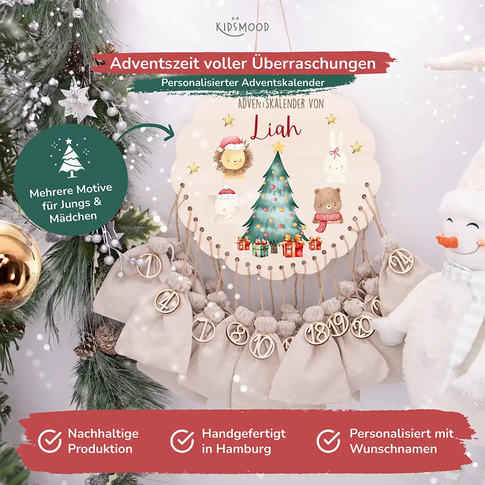 Personalisierter runder Adventskalender Kinder aus Holz - Weihnachtliche Tierwelt