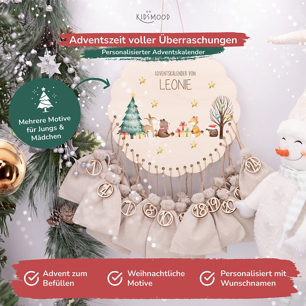 Personalisierter runder Adventskalender Kinder aus Holz - Tiere im Schneegestöber