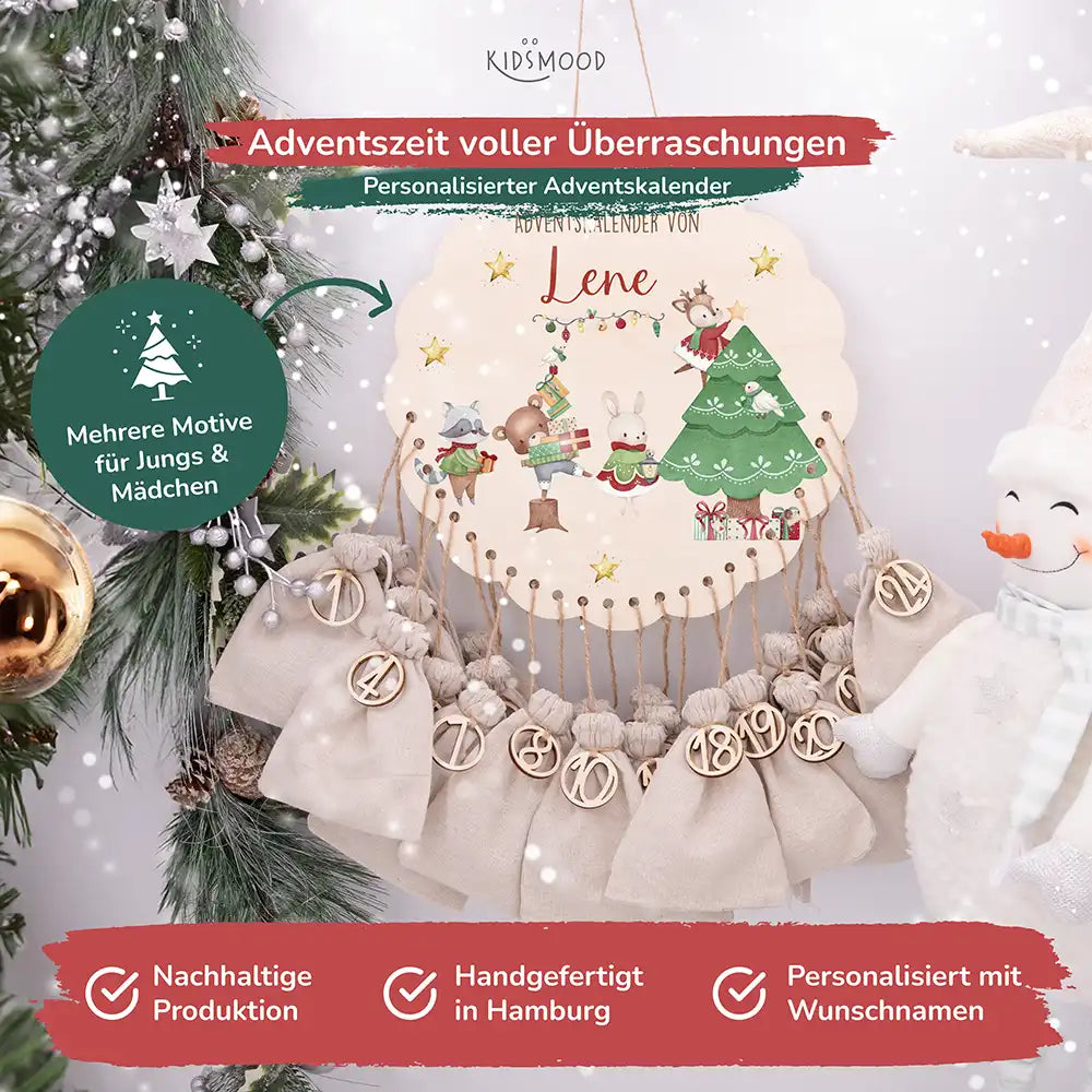 Personalisierter runder Adventskalender Kinder aus Holz - Festliche Waldszene