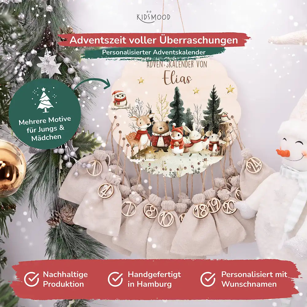 Personalisierter runder Adventskalender Kinder aus Holz - Weihnachtsdorf