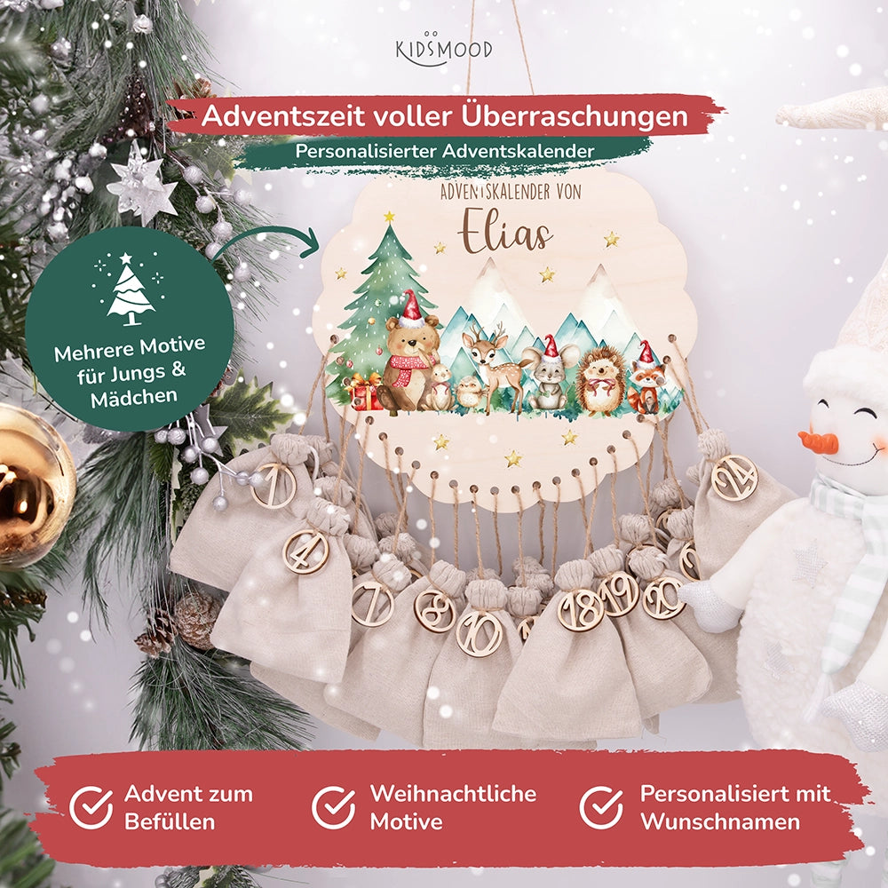 Personalisierter runder Adventskalender Kinder aus Holz - Winterwald & seine Bewohner