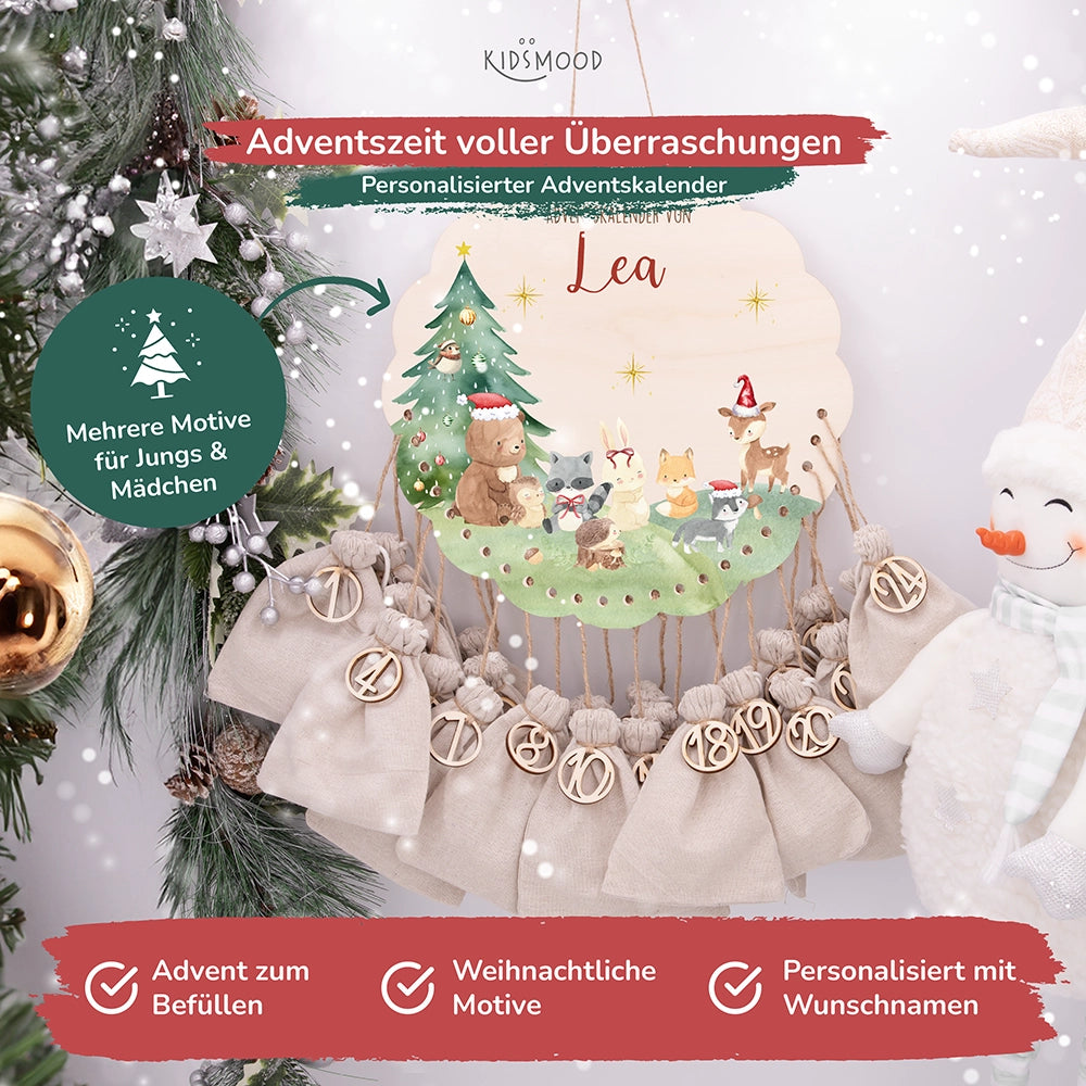 Personalisierter runder Adventskalender Kinder aus Holz - Niedliche Waldfreunde